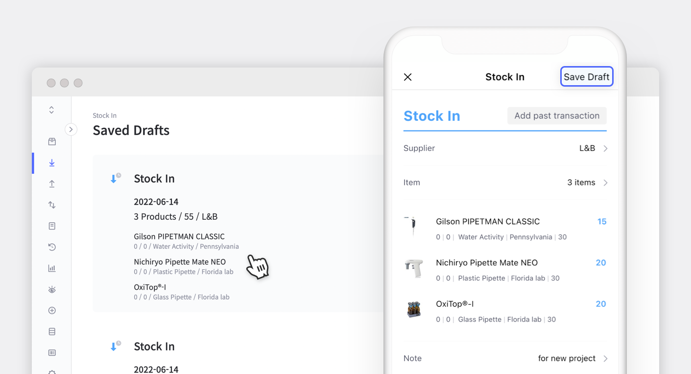 Save Drafts for Purchase Orders and Stock In platform on BoxHero