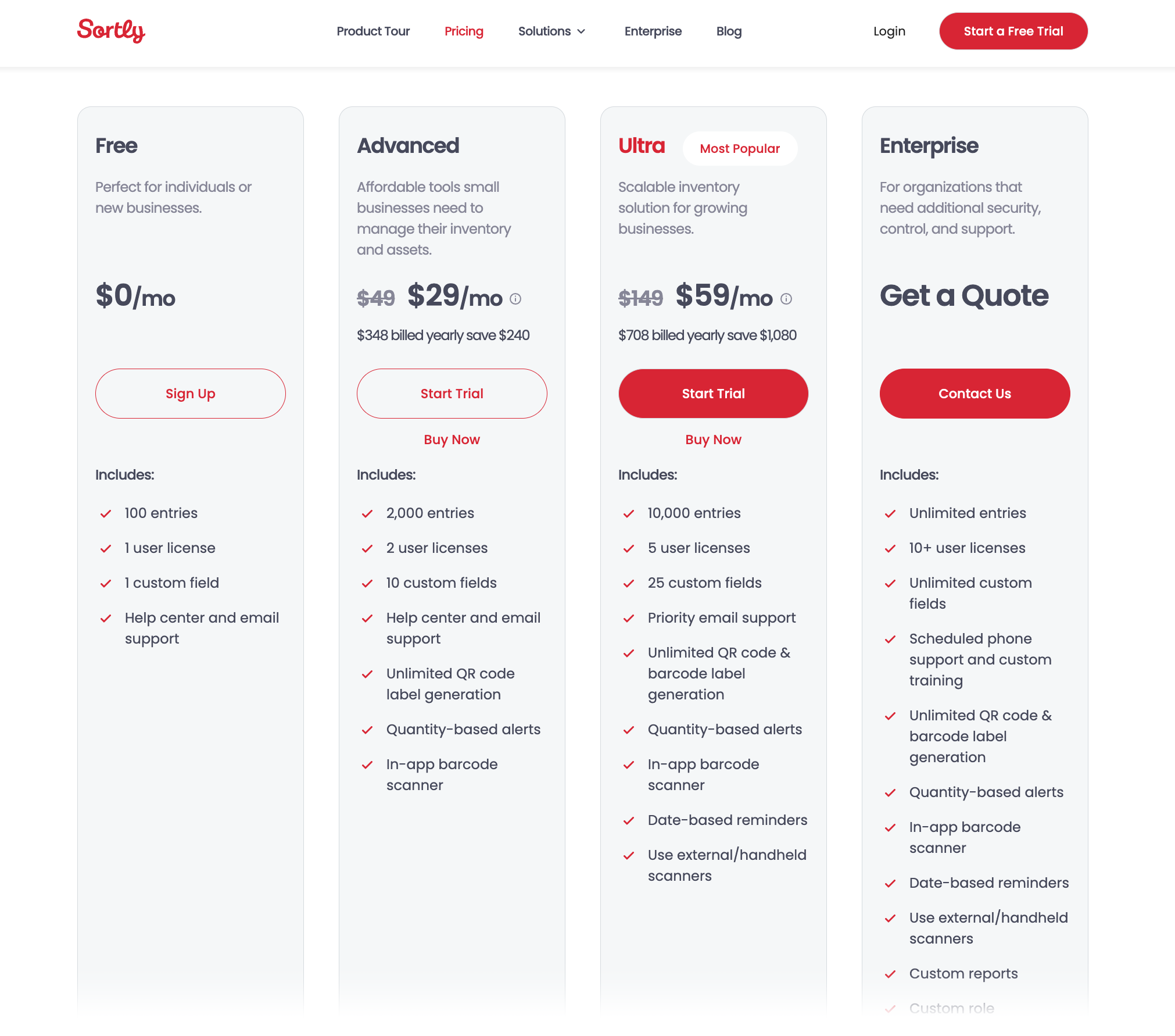 Sortly pricing page