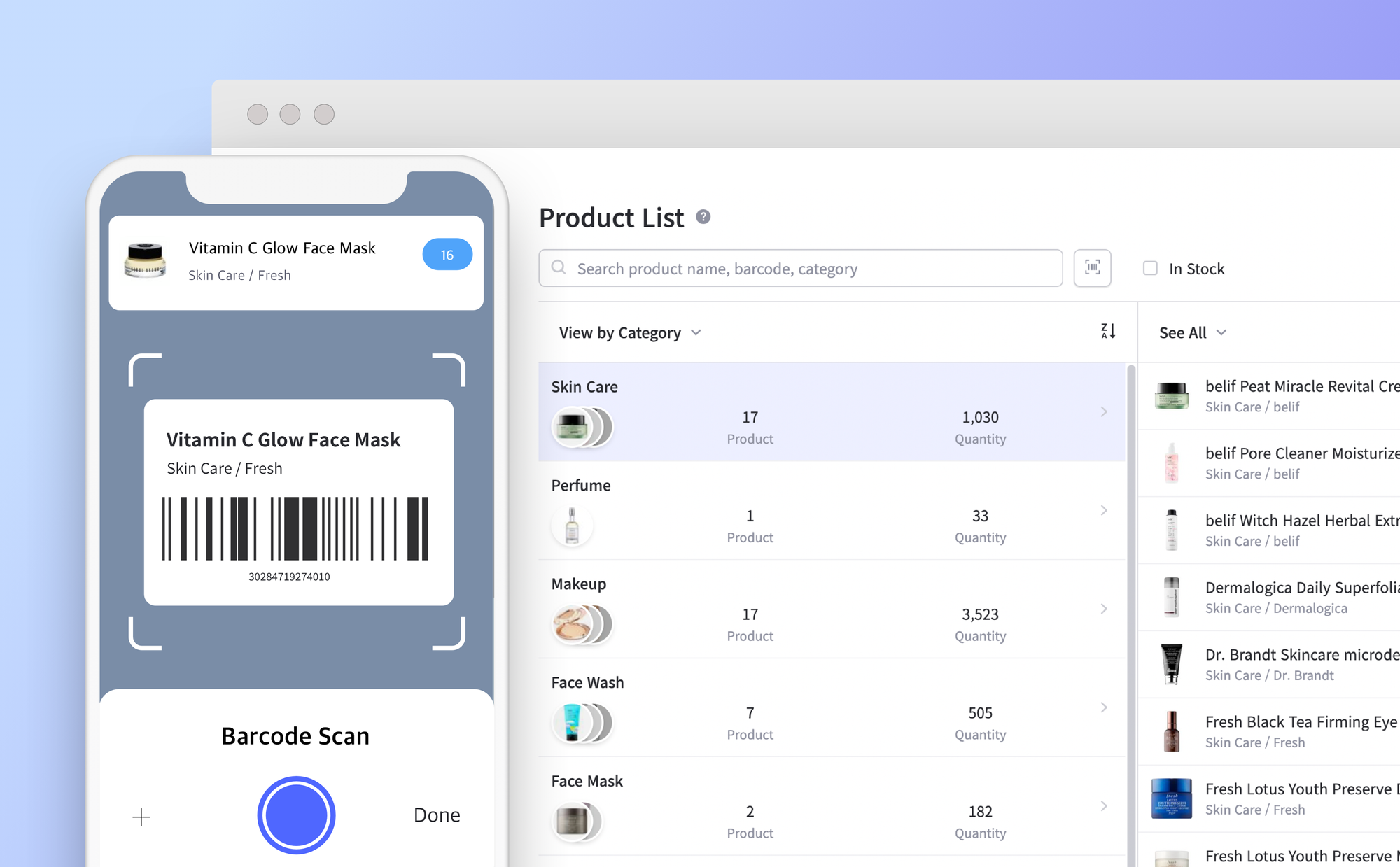In-app camera barcode scanner and the product list of BoxHero