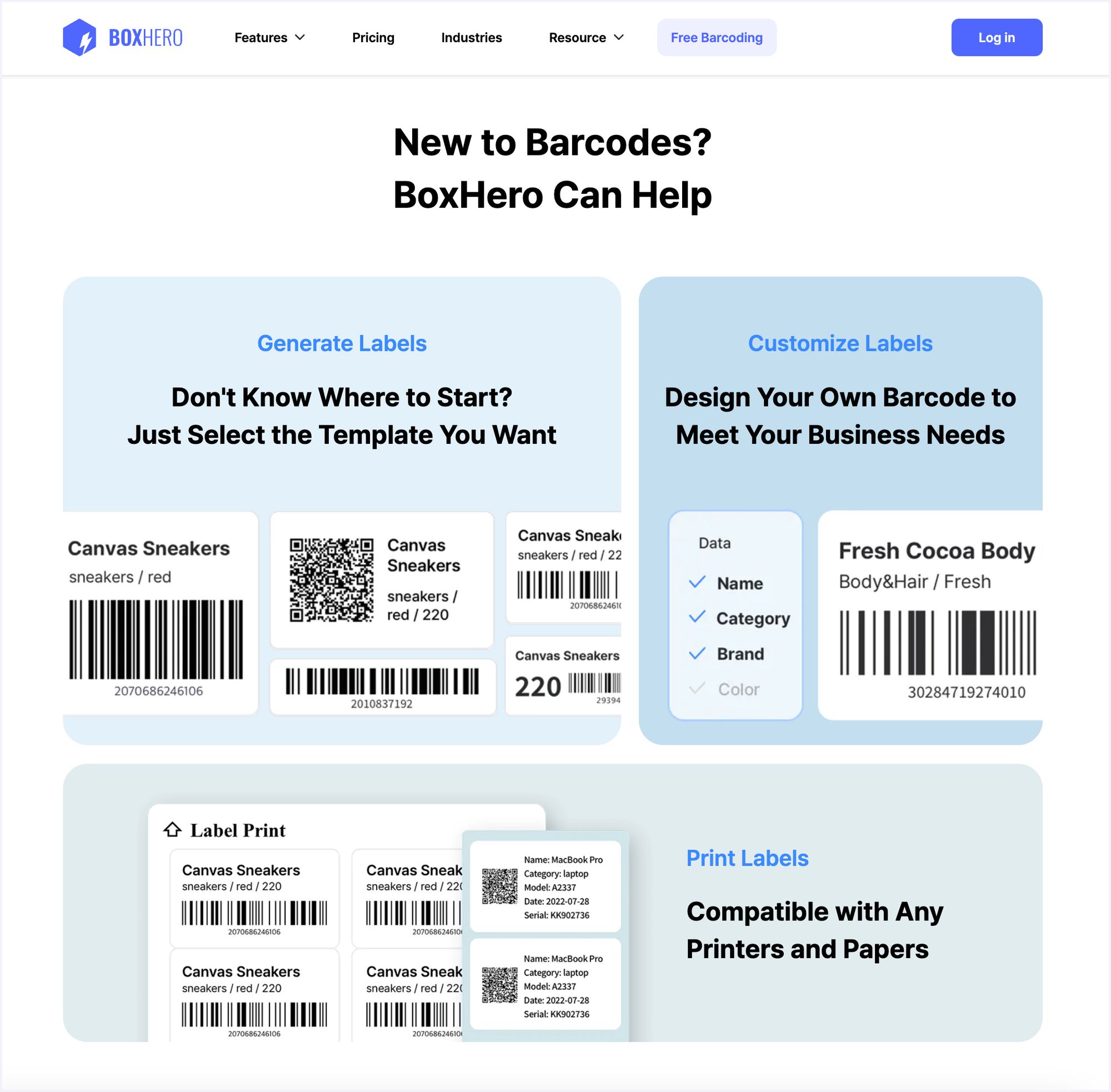 BoxHero's free barcoding feature.