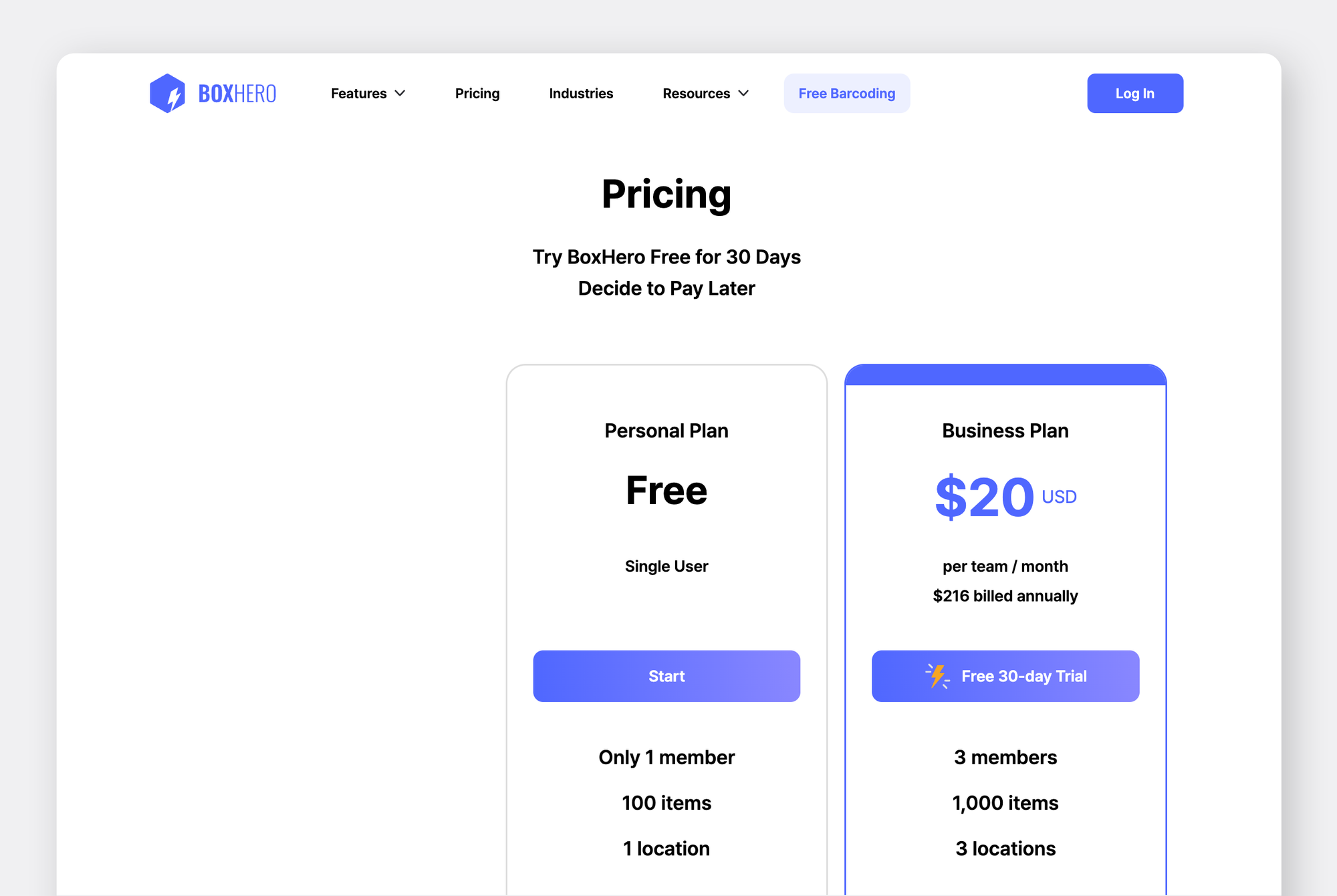 BoxHero pricing page.