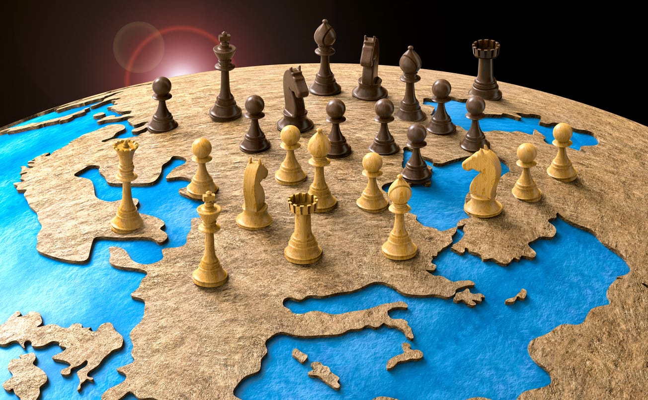 Symbol of geopolitics in the world with chess pieces.