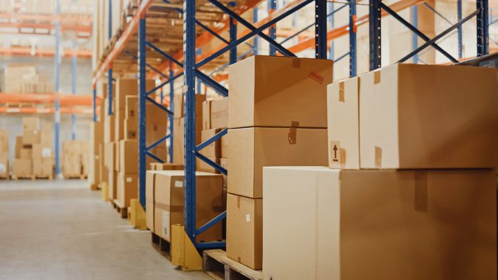 Boxes stored in a warehouse.