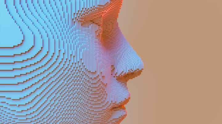Artificial intelligence depicted in blocks of a lateral image of a human face.