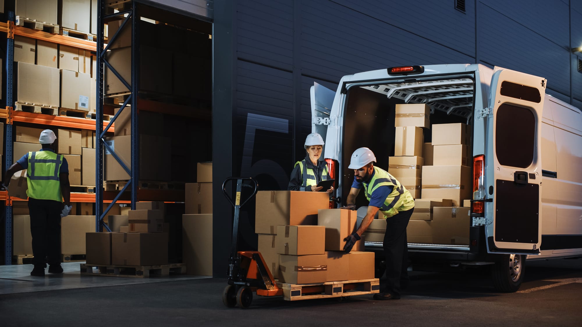 배송을 위해 창고에서 배달 트럭으로 물건을 옮기는 작업자들.